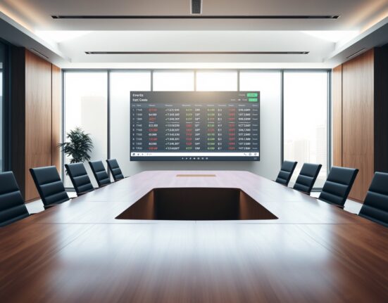 Modern corporate boardroom with a digital screen showing a prediction market interface.