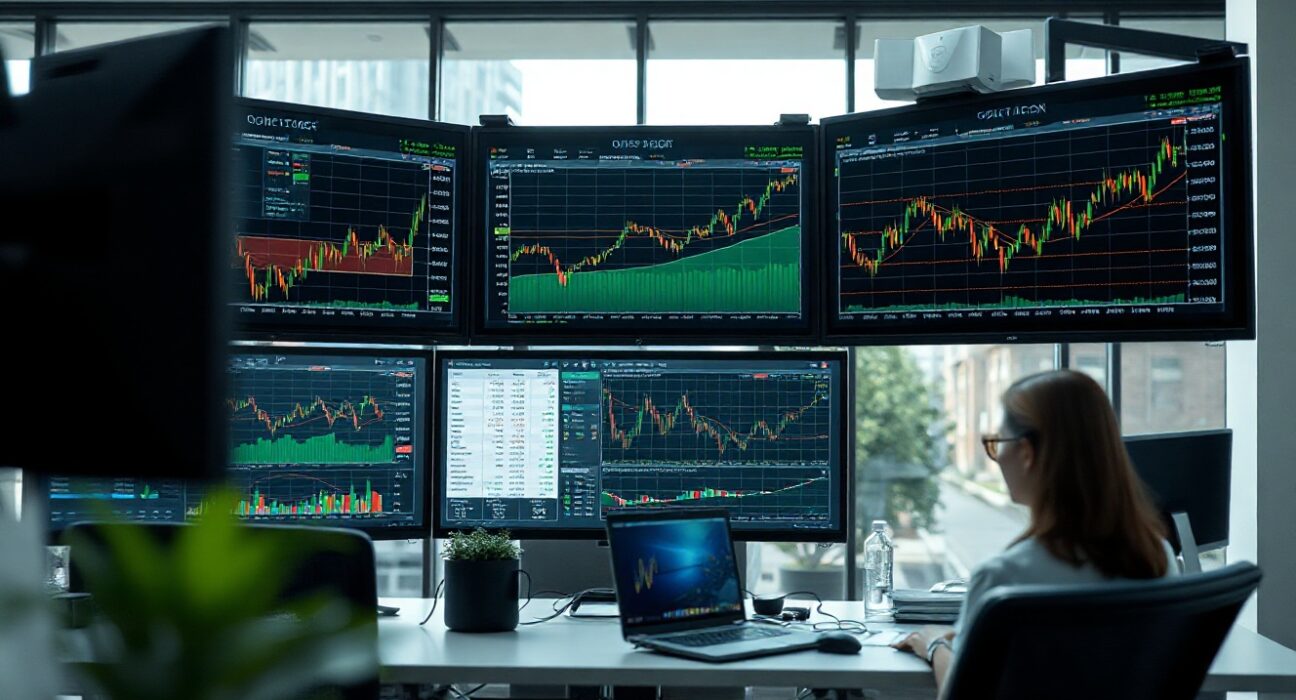 Professional trading desk with monitors showing real-time order book data and market charts.