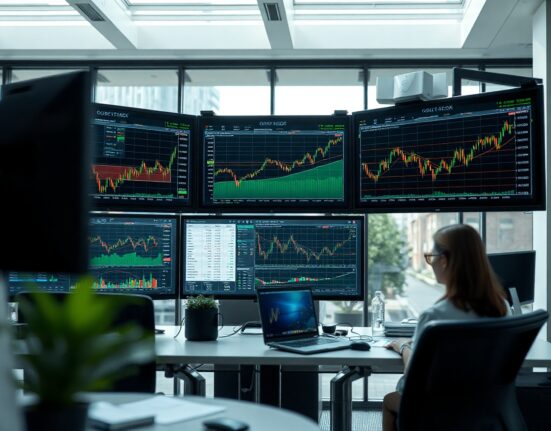 Professional trading desk with monitors showing real-time order book data and market charts.