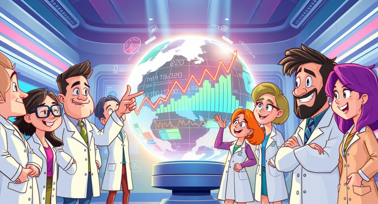 Animated team analyzing prediction market data in a vibrant Kalshi Research lab.