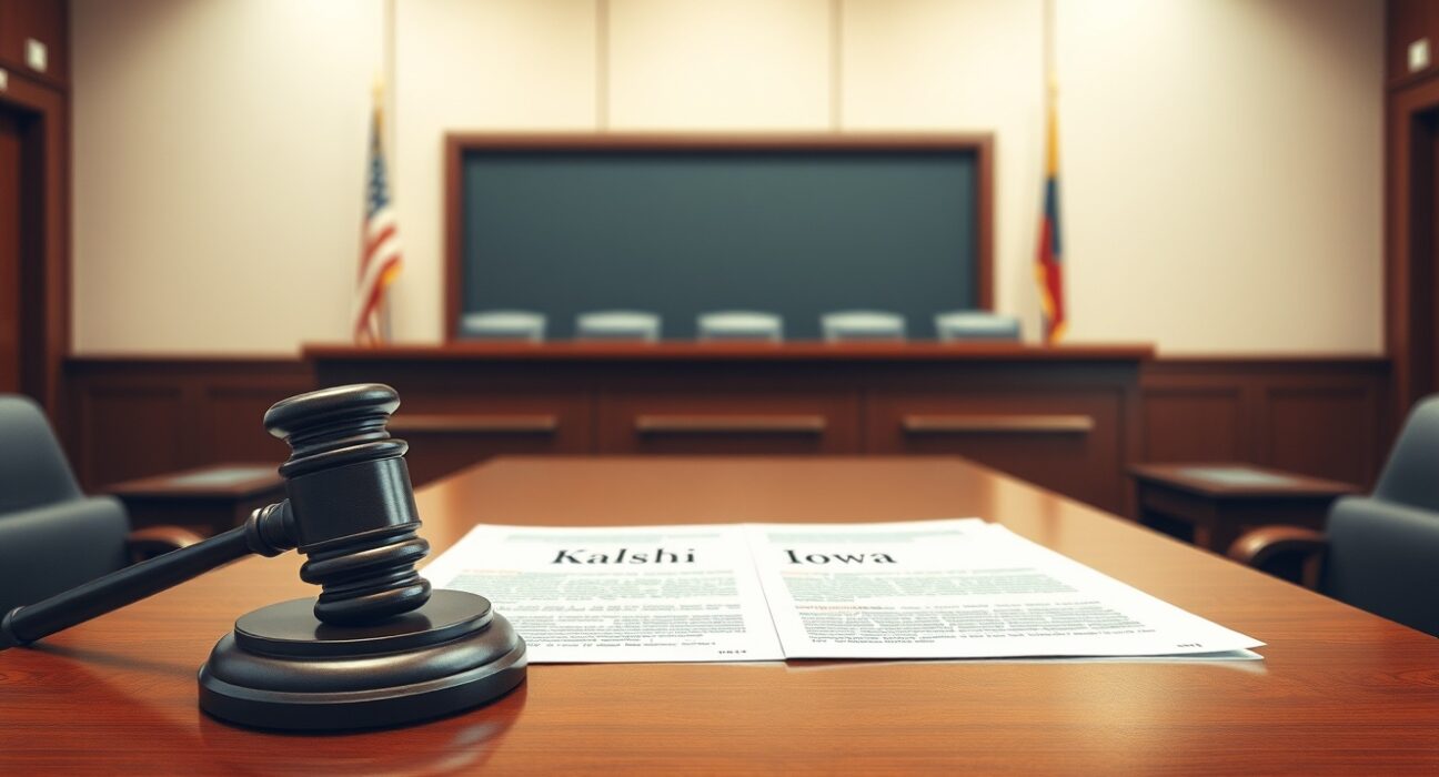 Legal documents in a courtroom representing Kalshi's lawsuit against Iowa regulators over prediction market jurisdiction.