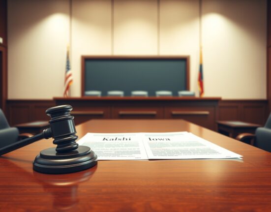 Legal documents in a courtroom representing Kalshi's lawsuit against Iowa regulators over prediction market jurisdiction.