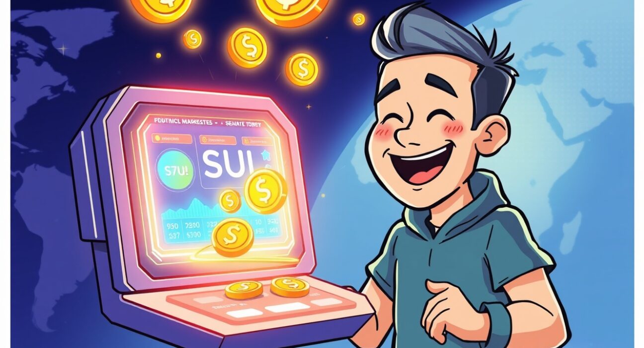 Cartoon illustration of a user making Kalshi SUI deposits, highlighting new crypto opportunities on a prediction market platform.