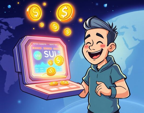 Cartoon illustration of a user making Kalshi SUI deposits, highlighting new crypto opportunities on a prediction market platform.