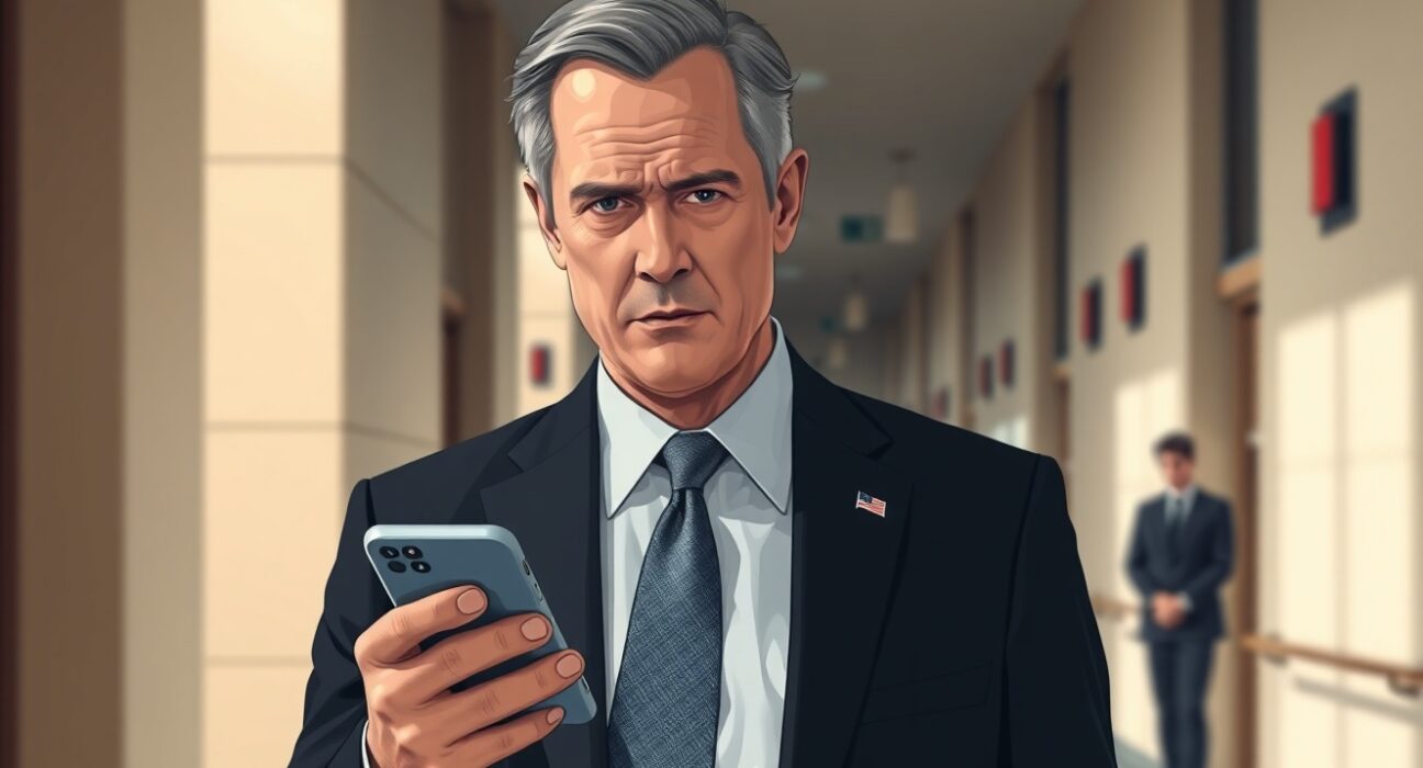 A US congressman holding a phone displaying a prediction market app, representing the Kalshi betting scandal.