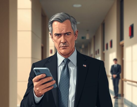 A US congressman holding a phone displaying a prediction market app, representing the Kalshi betting scandal.