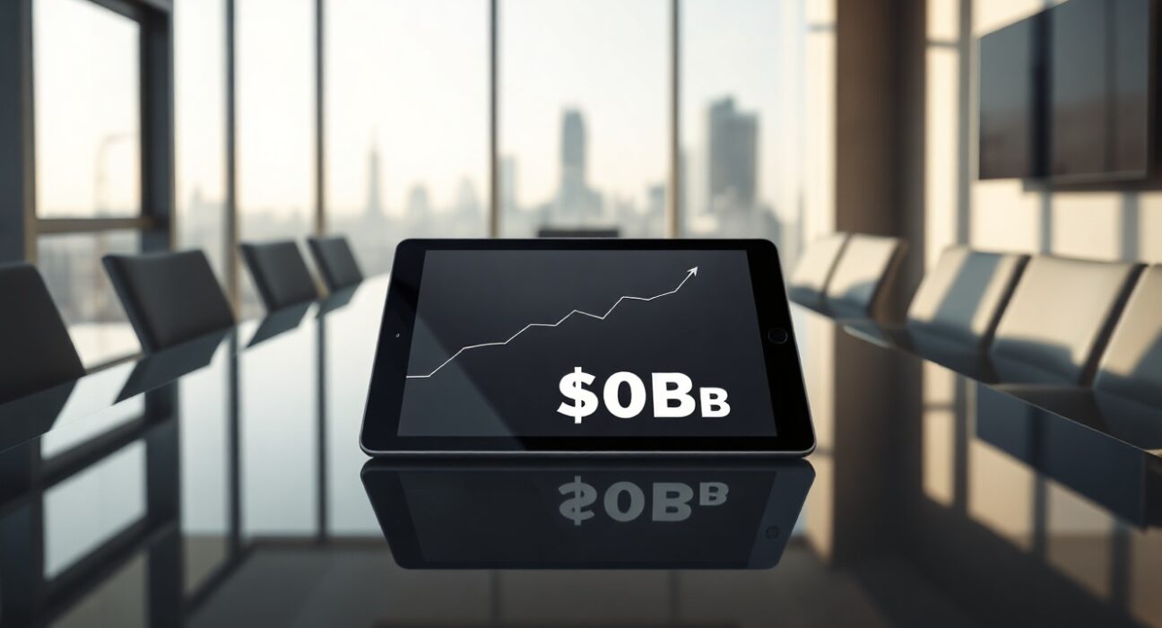 A tablet displaying a $40B valuation graph in a modern boardroom with a city skyline in the background.