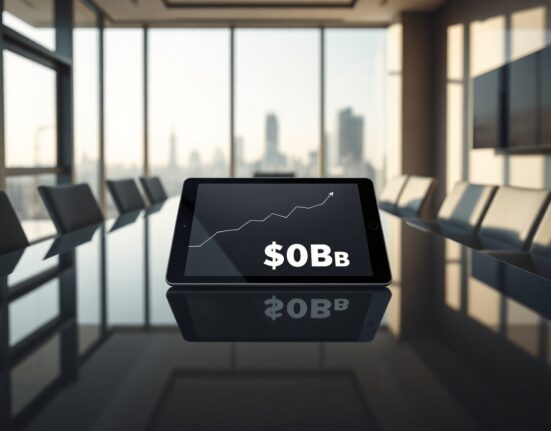 A tablet displaying a $40B valuation graph in a modern boardroom with a city skyline in the background.