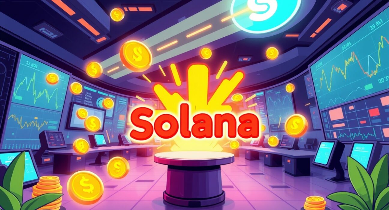 A vibrant cartoon illustrating the revolutionary tokenized prediction contract trading between Kalshi and the Solana blockchain.