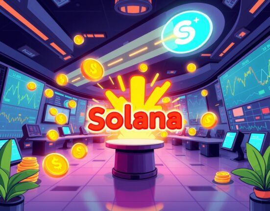 A vibrant cartoon illustrating the revolutionary tokenized prediction contract trading between Kalshi and the Solana blockchain.