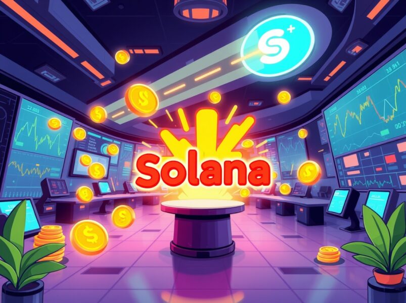 A vibrant cartoon illustrating the revolutionary tokenized prediction contract trading between Kalshi and the Solana blockchain.