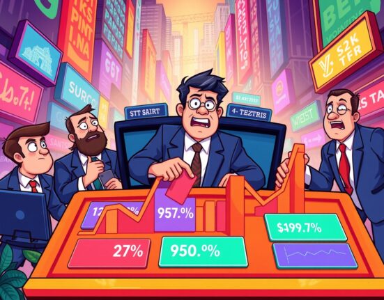 Cartoon traders predicting Fed rate cut probability on colorful market platform