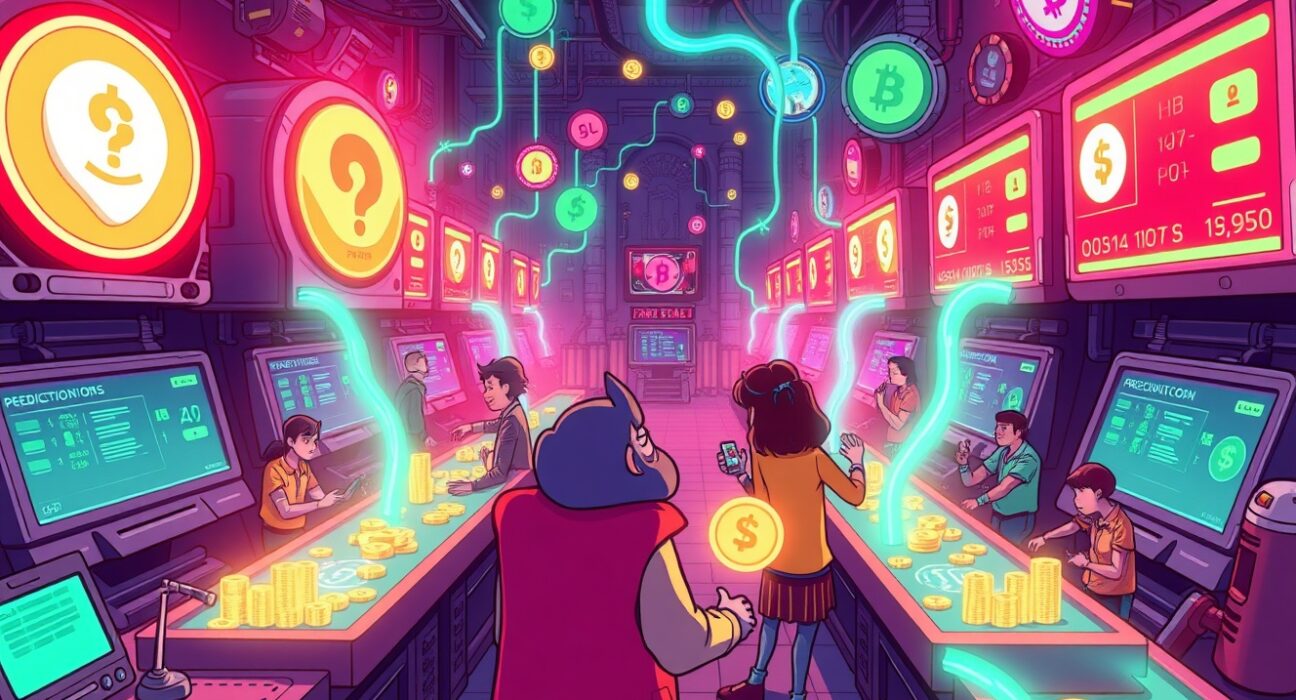 Kalshi Tron network integration illustrated as a vibrant digital marketplace connecting prediction oracles with cryptocurrency streams.