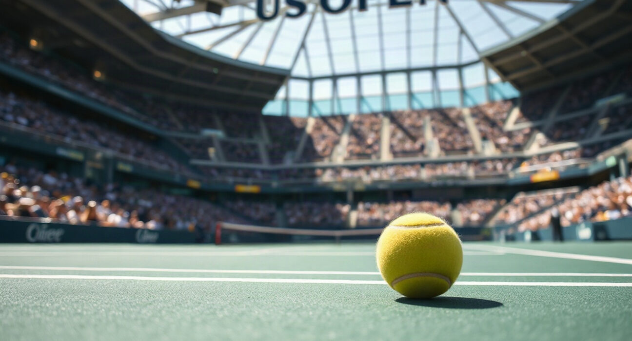 Tennis court at the US Open with a ball on the baseline, representing the tournament's partnership with Kalshi.