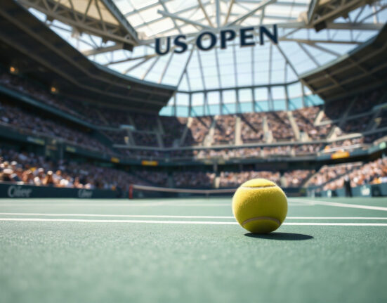 Tennis court at the US Open with a ball on the baseline, representing the tournament's partnership with Kalshi.