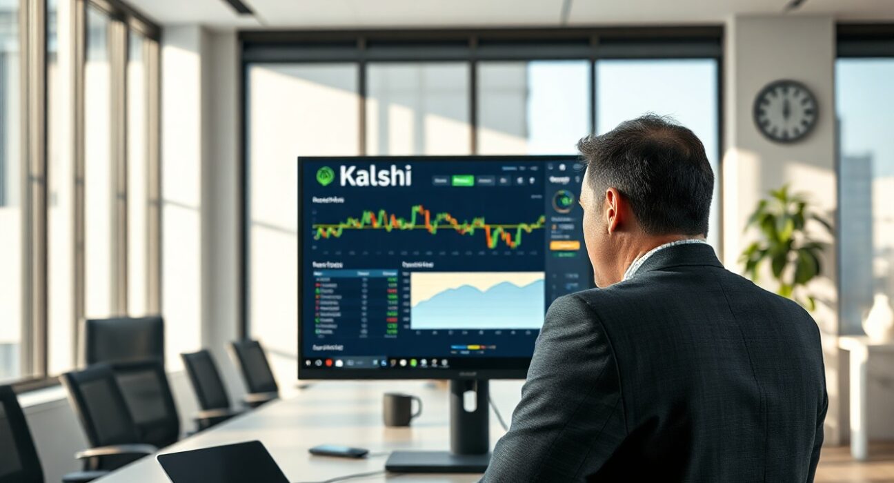 Professional at a desk viewing Kalshi prediction market data on a computer screen in a modern office