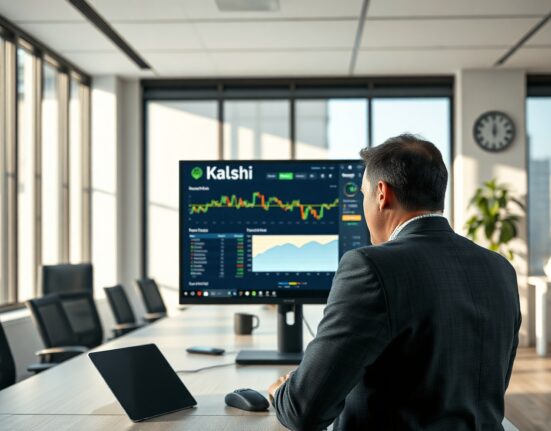 Professional at a desk viewing Kalshi prediction market data on a computer screen in a modern office