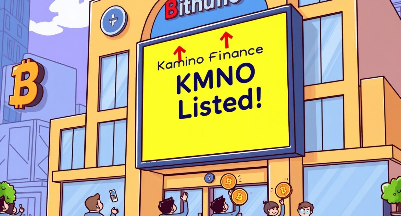 A cartoon illustration showing Bithumb announcing the new Kamino Finance KMNO listing, symbolizing market growth and investor excitement.