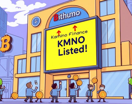 A cartoon illustration showing Bithumb announcing the new Kamino Finance KMNO listing, symbolizing market growth and investor excitement.