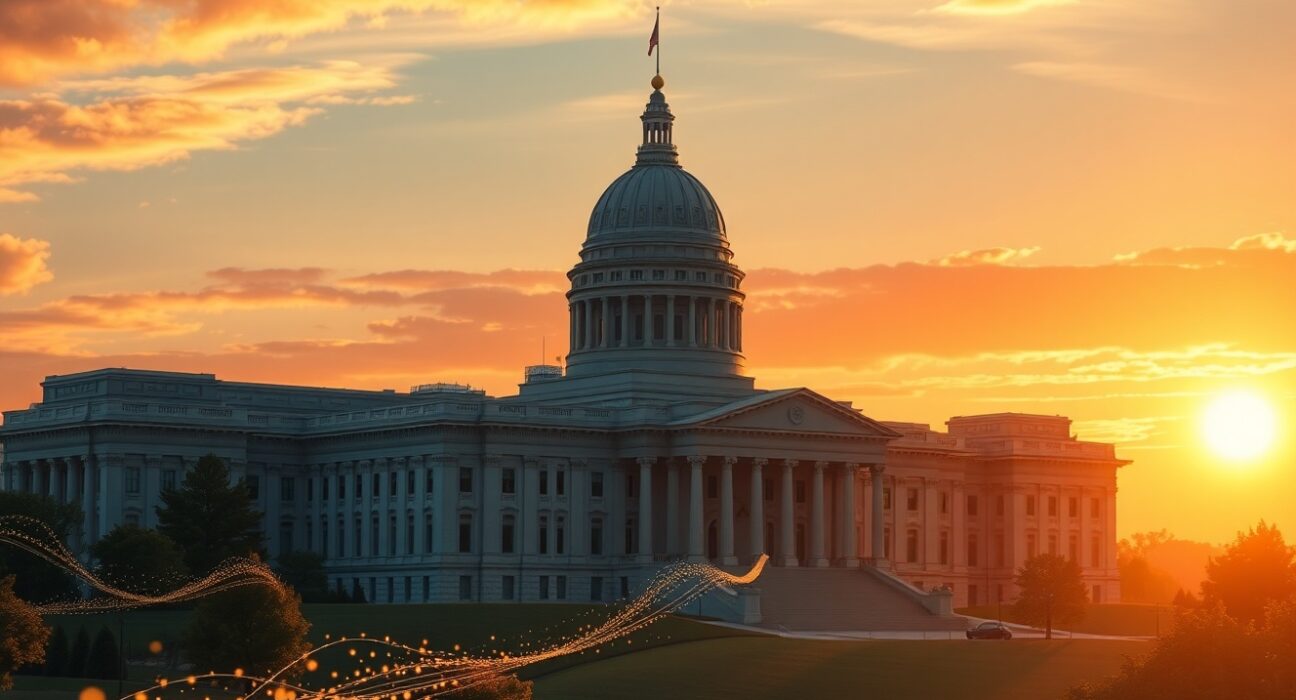 Kansas State Capitol with symbolic blockchain data streams representing the proposed Bitcoin reserve legislation