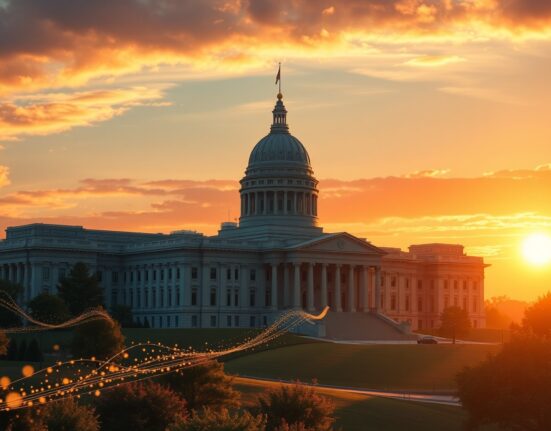 Kansas State Capitol with symbolic blockchain data streams representing the proposed Bitcoin reserve legislation