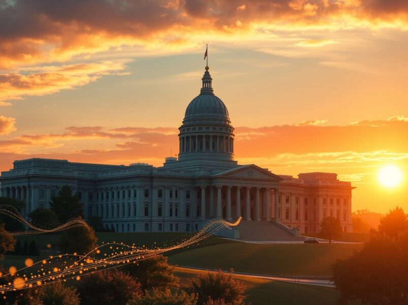 Kansas State Capitol with symbolic blockchain data streams representing the proposed Bitcoin reserve legislation