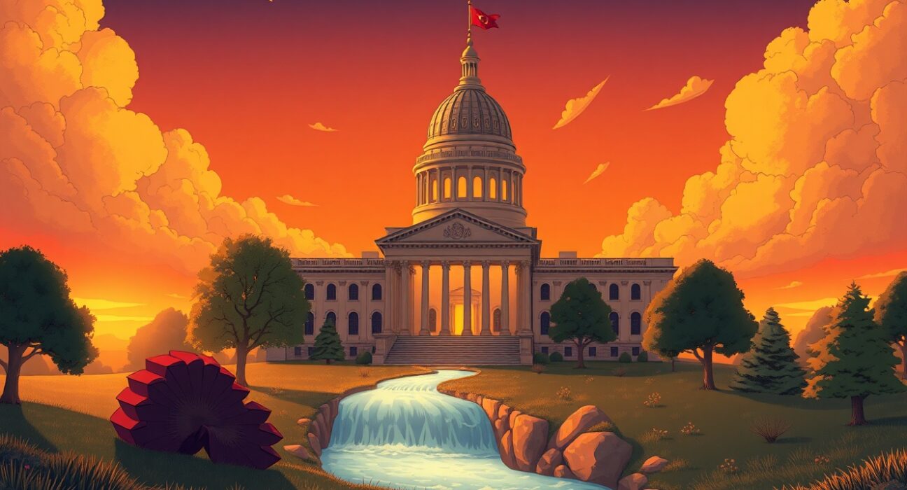 Kansas state capitol building with digital Bitcoin integration representing the strategic reserve legislation