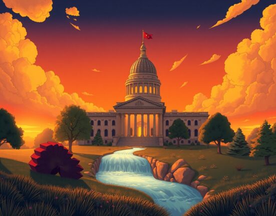 Kansas state capitol building with digital Bitcoin integration representing the strategic reserve legislation