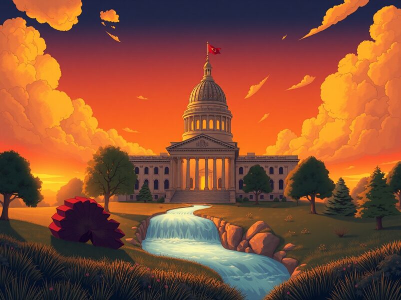 Kansas state capitol building with digital Bitcoin integration representing the strategic reserve legislation