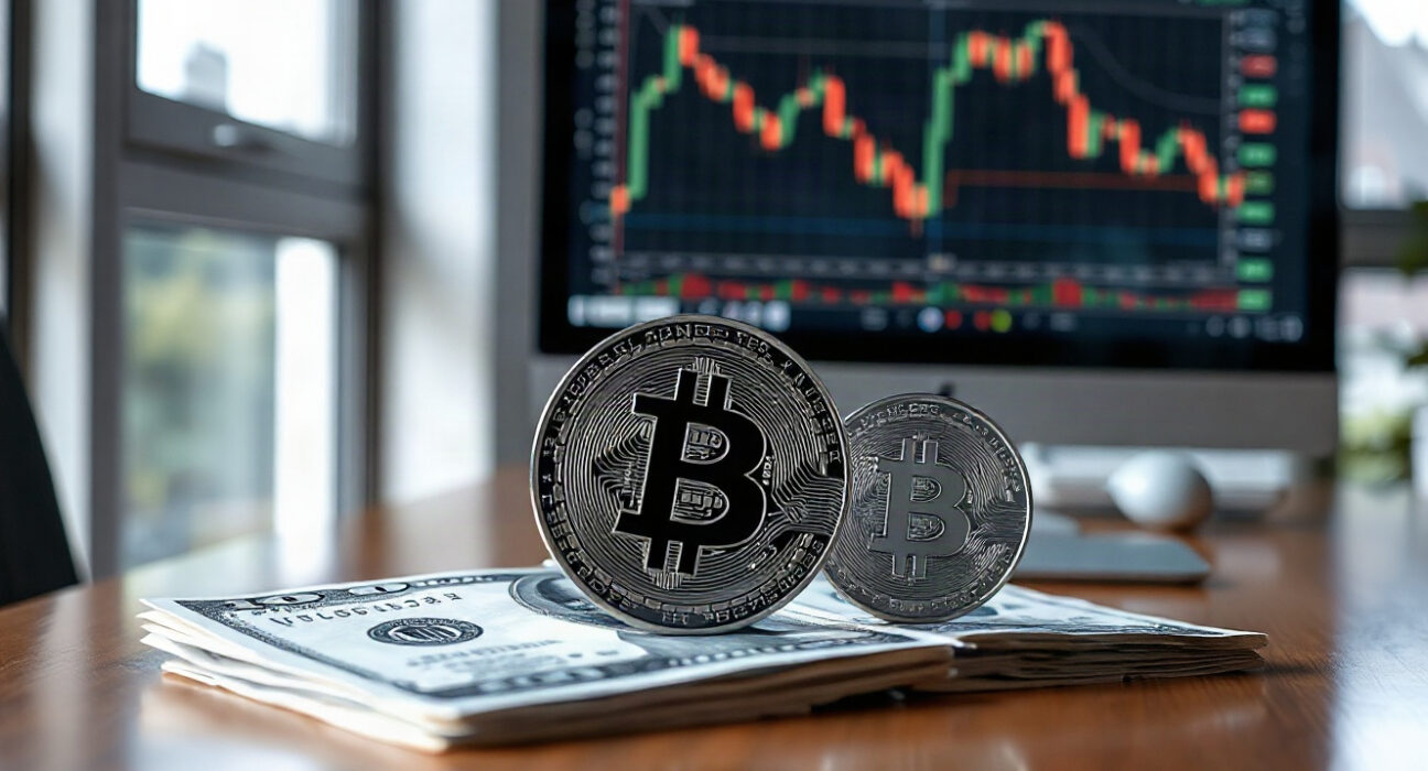 U.S. dollar bills and a digital stablecoin token on a desk with a financial chart on a monitor