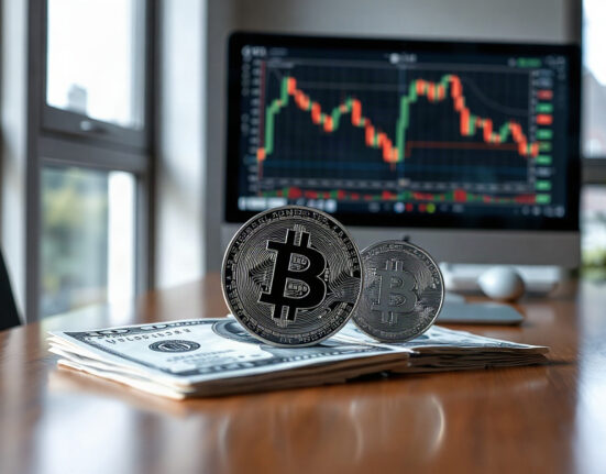 U.S. dollar bills and a digital stablecoin token on a desk with a financial chart on a monitor