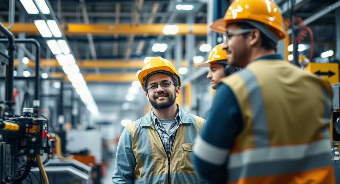 Workers on a factory floor in Kansas with machinery and bright lighting