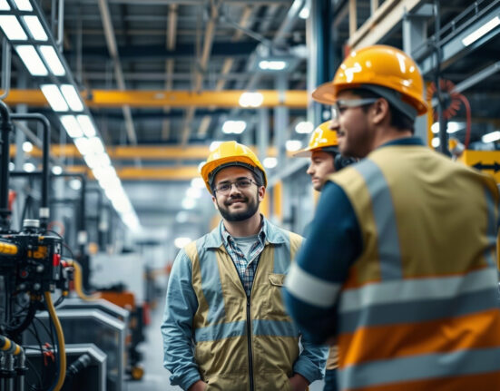 Workers on a factory floor in Kansas with machinery and bright lighting