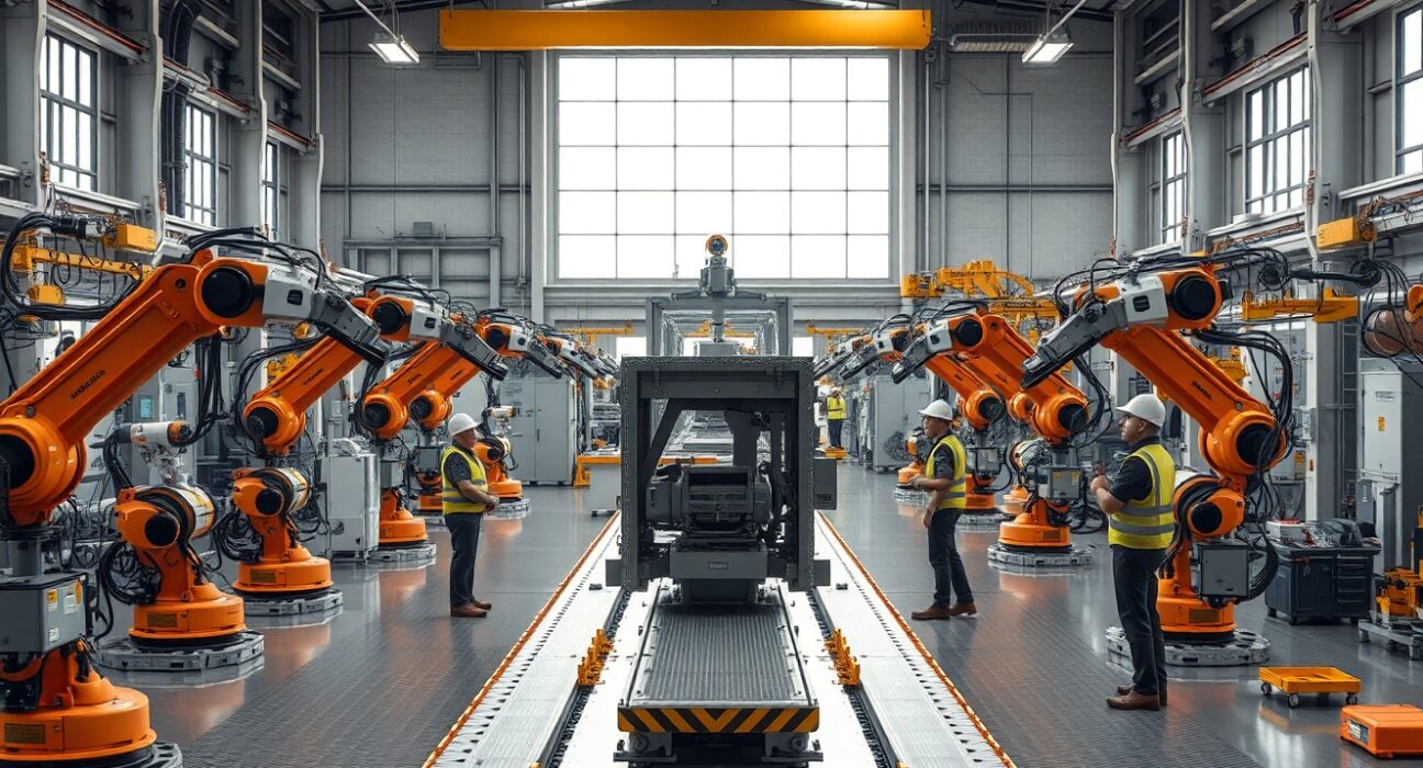 Modern factory production floor in Kansas with robotic arms and workers, representing manufacturing growth