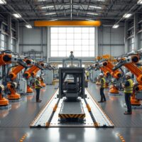 Modern factory production floor in Kansas with robotic arms and workers, representing manufacturing growth