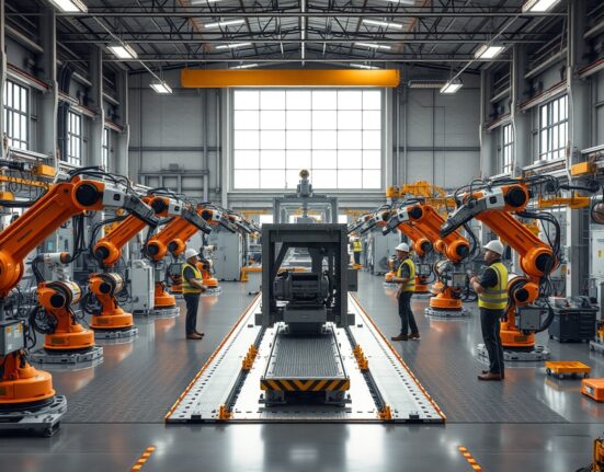 Modern factory production floor in Kansas with robotic arms and workers, representing manufacturing growth