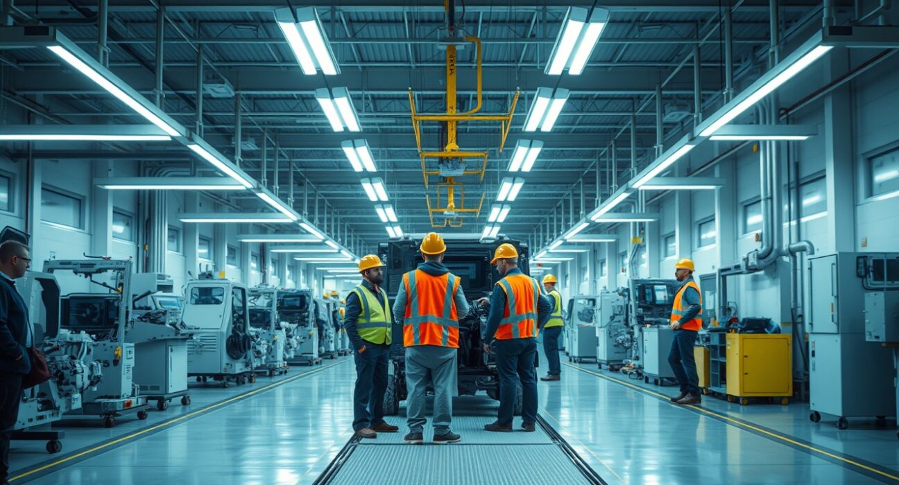 Workers on a factory production line in Kansas, representing regional manufacturing activity.