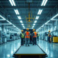 Workers on a factory production line in Kansas, representing regional manufacturing activity.