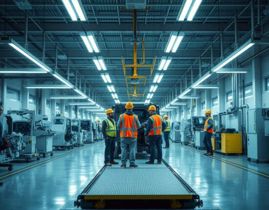 Workers on a factory production line in Kansas, representing regional manufacturing activity.