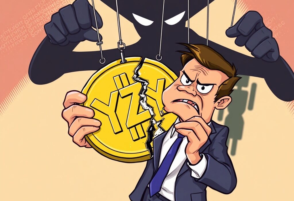 A cartoon illustration highlighting the significant issues with the Kanye memecoin, indicating a lack of transparency and control.