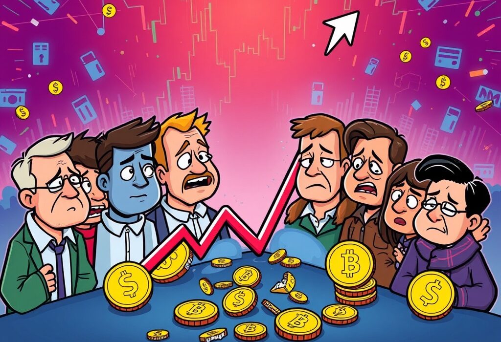 Cartoon illustration of investors showing distress over significant losses from a volatile Kanye West memecoin launch.