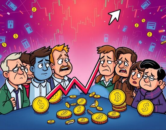 Cartoon illustration of investors showing distress over significant losses from a volatile Kanye West memecoin launch.