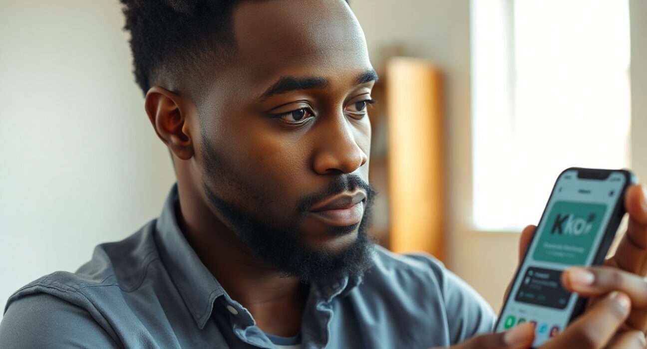 Karamo Brown holding a smartphone showing the Kē wellness app interface
