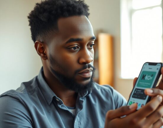 Karamo Brown holding a smartphone showing the Kē wellness app interface