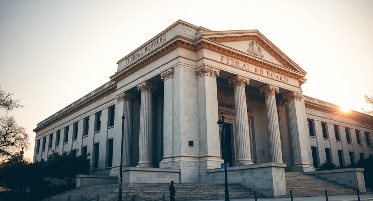 Federal Reserve building in Washington, D.C., with clear sky and warm lighting, symbolizing monetary policy decisions.