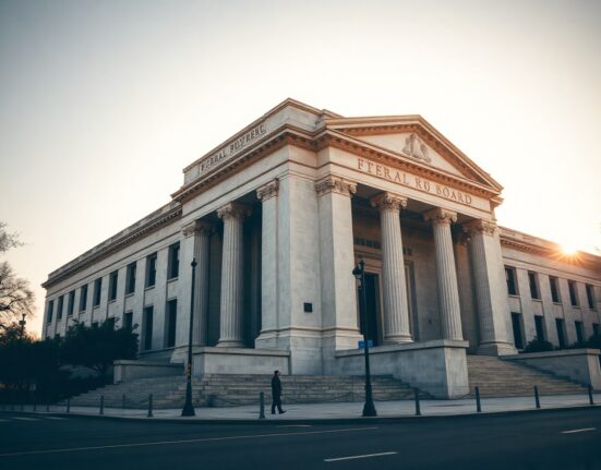 Federal Reserve building in Washington, D.C., with clear sky and warm lighting, symbolizing monetary policy decisions.