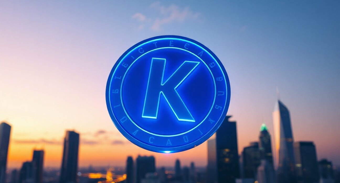 Kaspa KAS cryptocurrency coin hovering above a modern city skyline at dusk