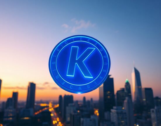 Kaspa KAS cryptocurrency coin hovering above a modern city skyline at dusk