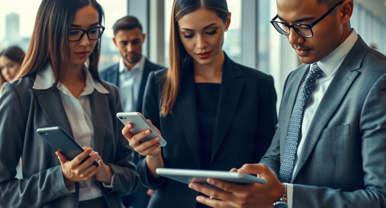 Business professionals using digital payment devices in a modern office, representing stablecoin corporate finance.
