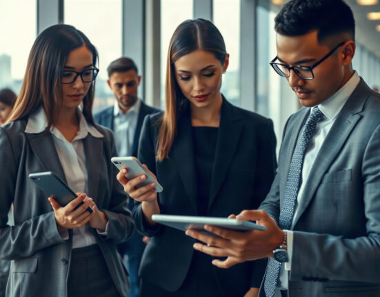 Business professionals using digital payment devices in a modern office, representing stablecoin corporate finance.